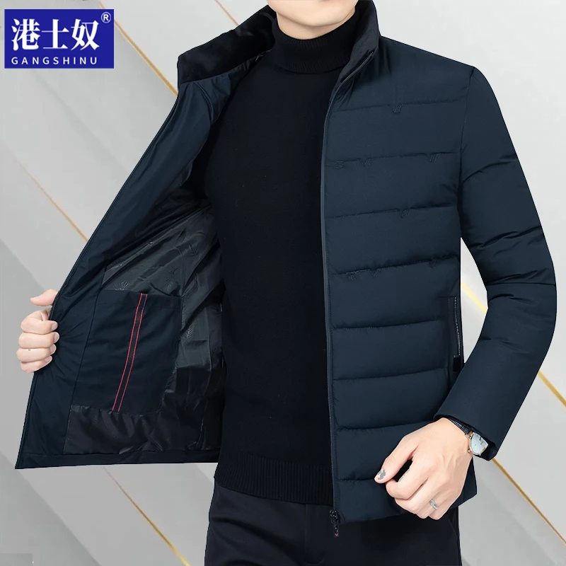 港士奴冬季新款中年男士立领棉衣休闲短款加绒棉服外套纯色爸爸装