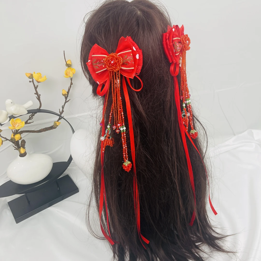 原创纯手工《胭脂扣》新年红色山茶花草莓水晶流苏蝴蝶结对夹发饰