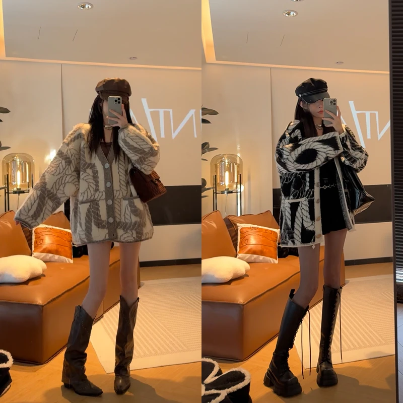 孙妍新款【原迹开衫】2023秋冬宽松慵懒风V领软糯复古针织开衫外套