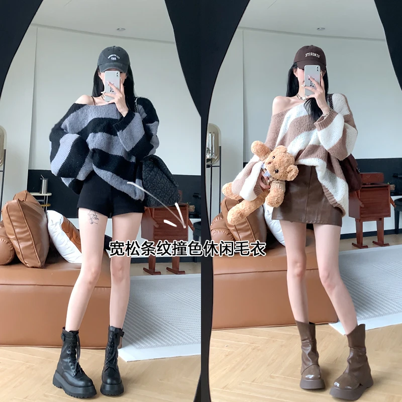 孙妍新款【条纹转校生】腔调穿搭慵懒风宽松圆领套头条纹针织毛衣女