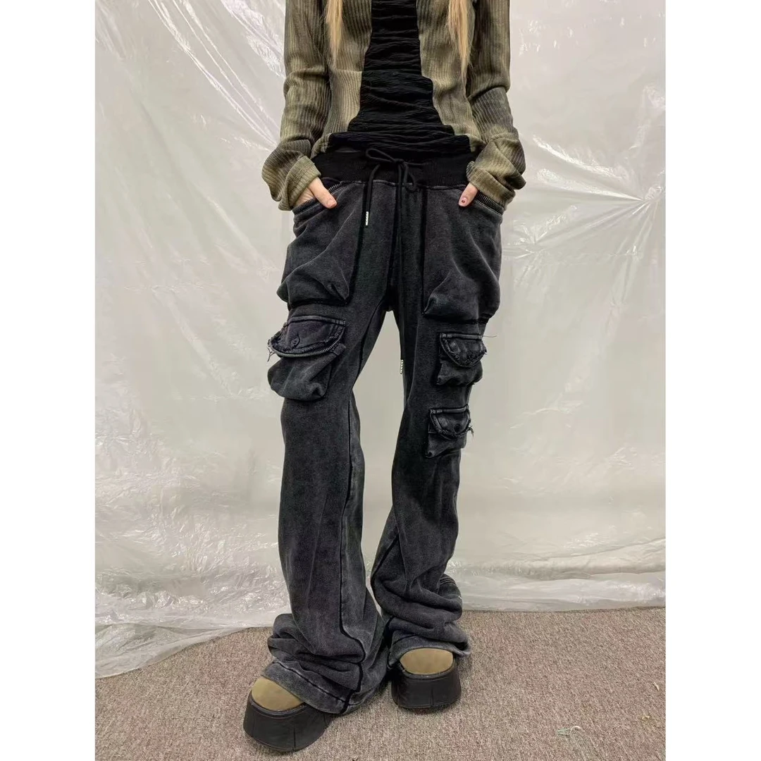 【jeong ill上新】复古做旧水洗黑灰色微喇口袋卫裤