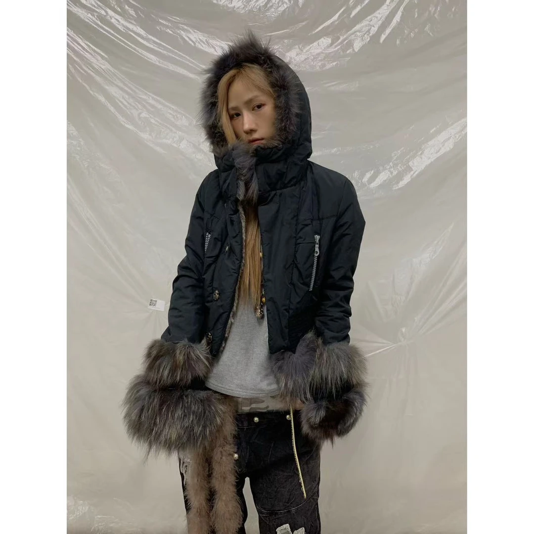 【jeong ill上新】古着兔毛银蓝狐毛毛拼接设计外套