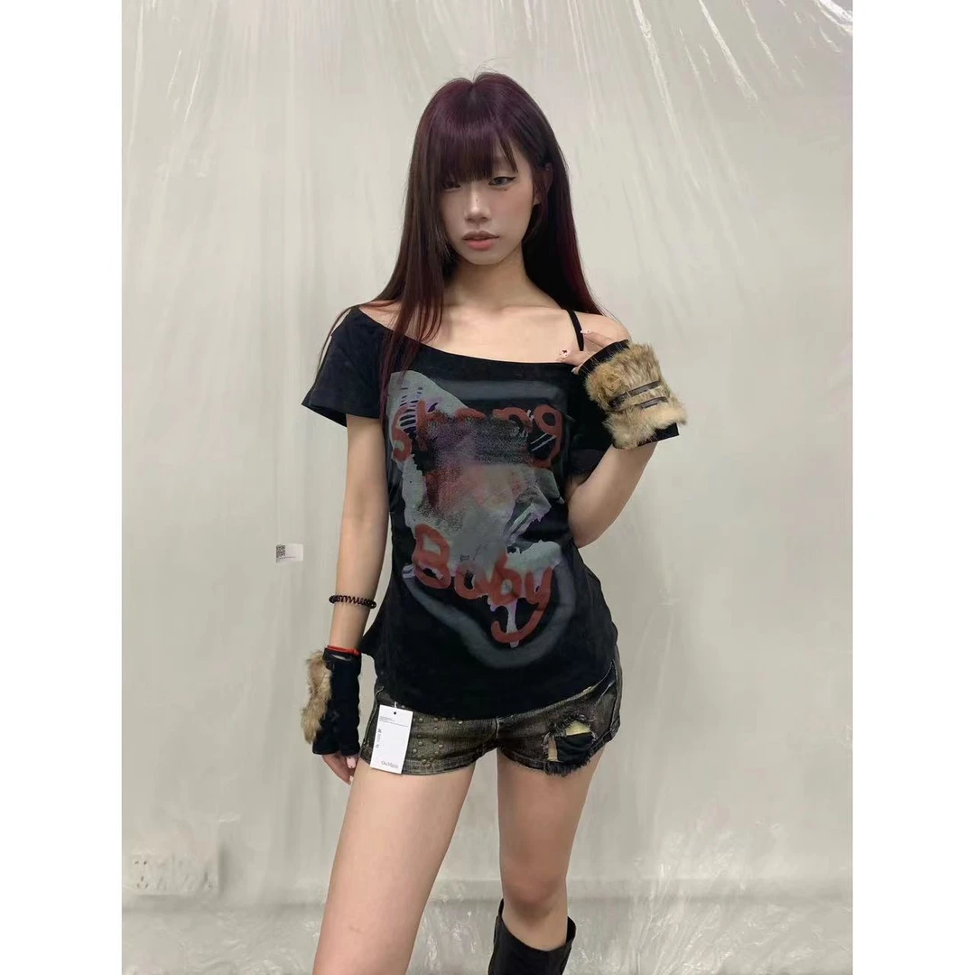 【jeong ill上新】复古街头可一字肩涂鸦印花T恤