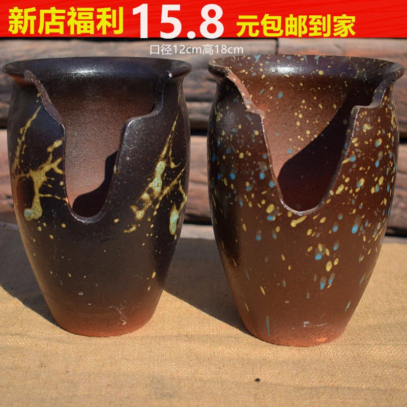 多肉切口花盆悬崖桩复古小缺口创意陶瓷紫砂花盆透气