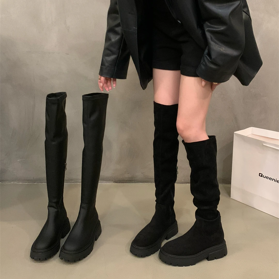 厚底黑色瘦瘦长筒长靴女鞋2023年新款秋冬季过膝高筒堆堆靴长靴子