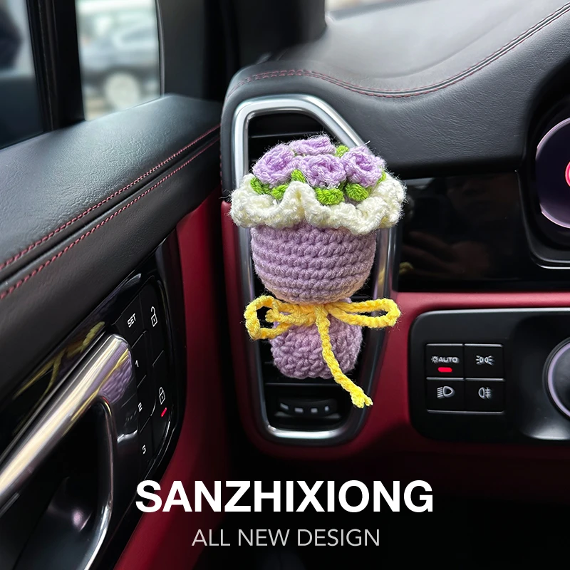 针织花束车载香薰玫瑰汽车空调出风口香水夹车内装饰用品成品礼物