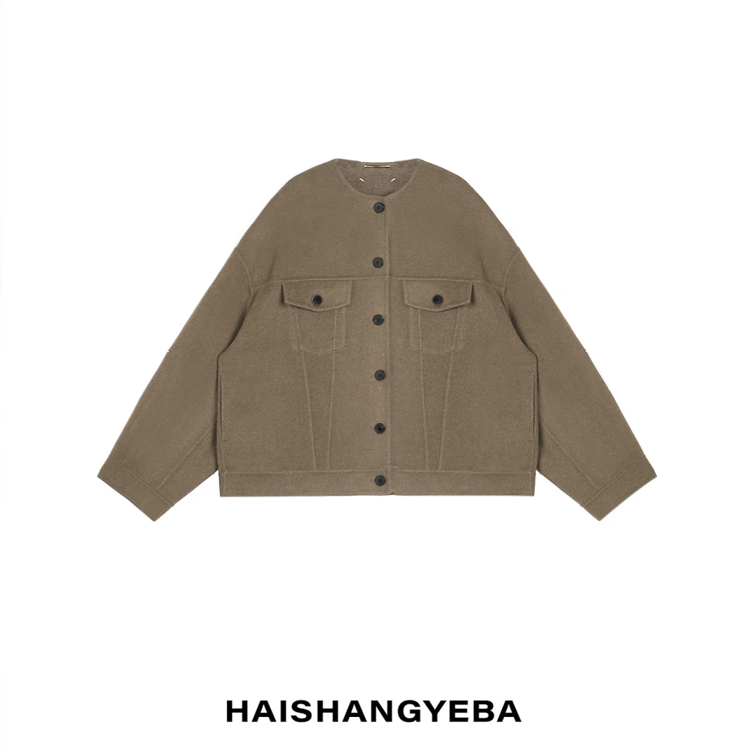 【海上叶爸】新款2024春秋百搭85绵羊毛15山羊绒厚宽松多扣毛呢外套