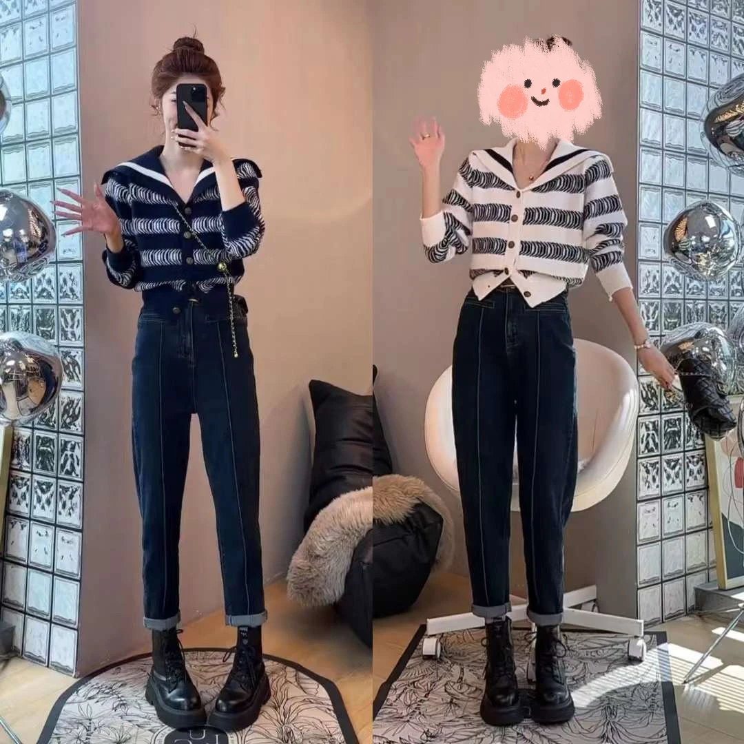 2024秋季新款长袖针织海军领百搭时尚条纹毛衣气质洋气显瘦