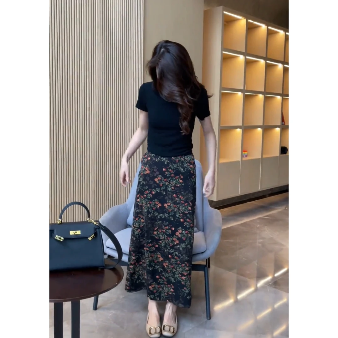 夏季新款气质百搭显瘦后背绑带圆领T恤中高腰修身开叉碎花半身裙