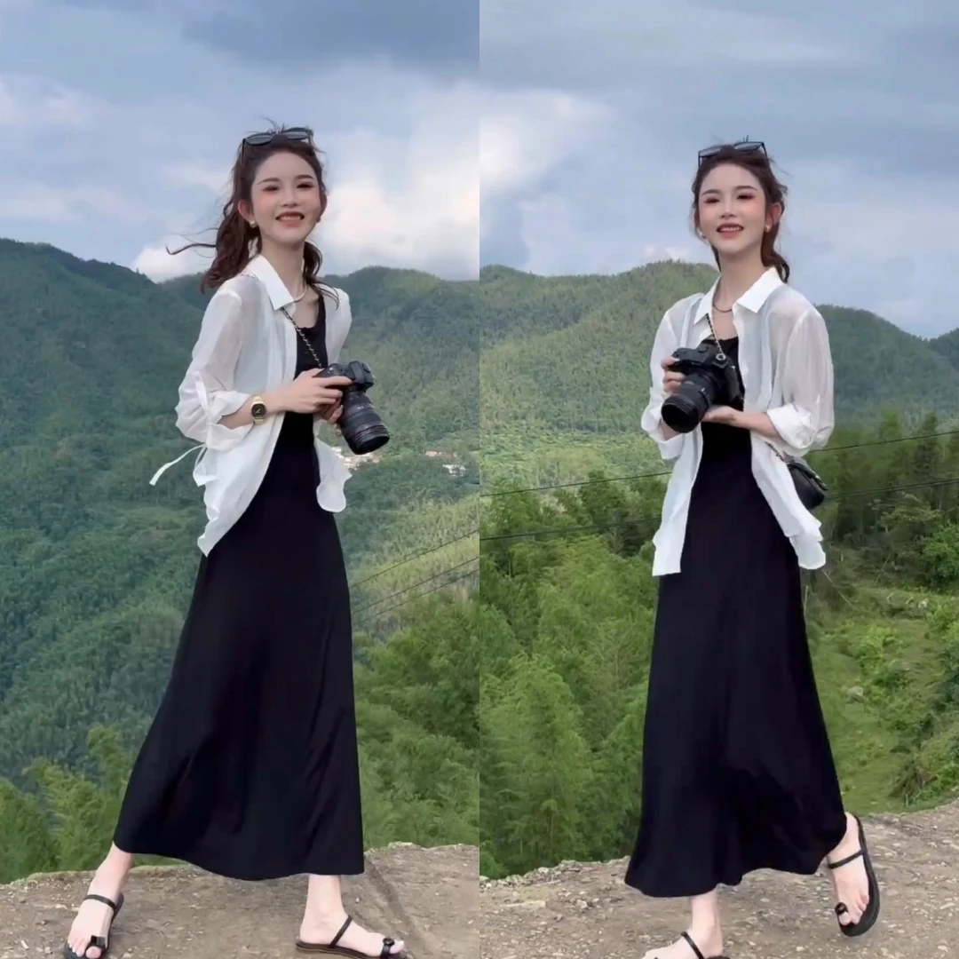 2025夏天必备后背开叉绑带别致防晒衬衫设计感方领显瘦连衣裙套装