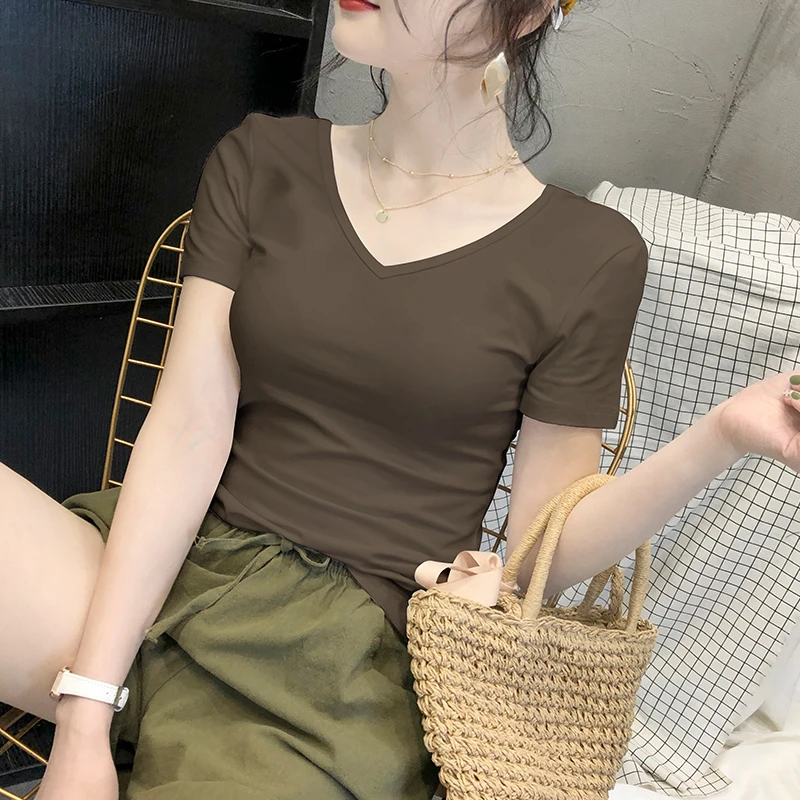 复古咖色t恤女短袖夏季修身小众气质半袖莫代尔V领显瘦上衣2025新