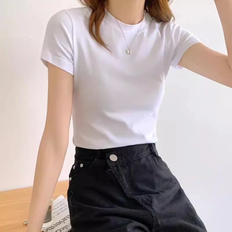 白色小圆领短袖t恤女夏季新款修身休闲设计感小众中领半袖上衣潮