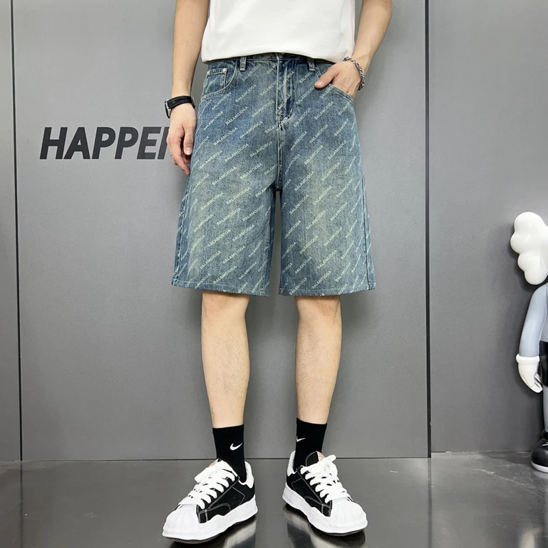 美式高街印花水洗印花男士短裤牛仔裤男装潮流牛仔裤宽松薄款