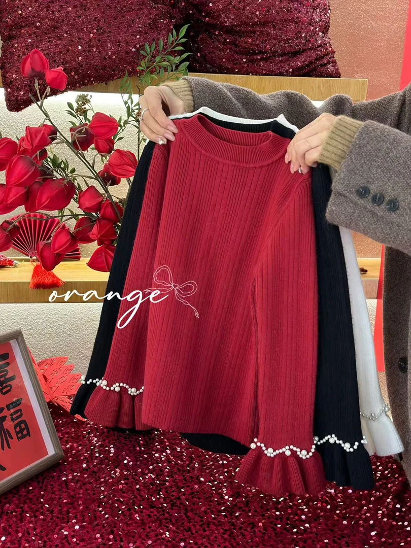 女童打底衫喇叭袖珍珠针织衫公主毛衣HS-2115