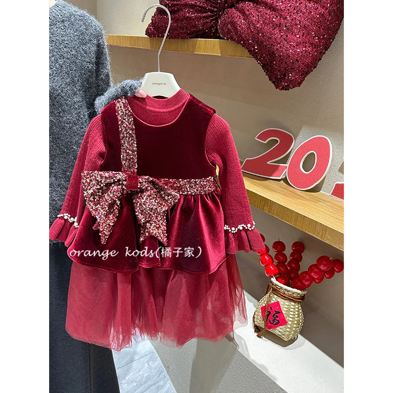 （梦中情裙）女童毛衣HS-2115红色大蝴蝶结礼服裙HS55263