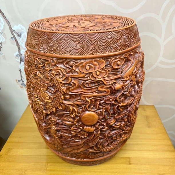 龙凤呈祥鼓凳复古创意浮雕龙纹工艺品桌面手工雕刻摆件