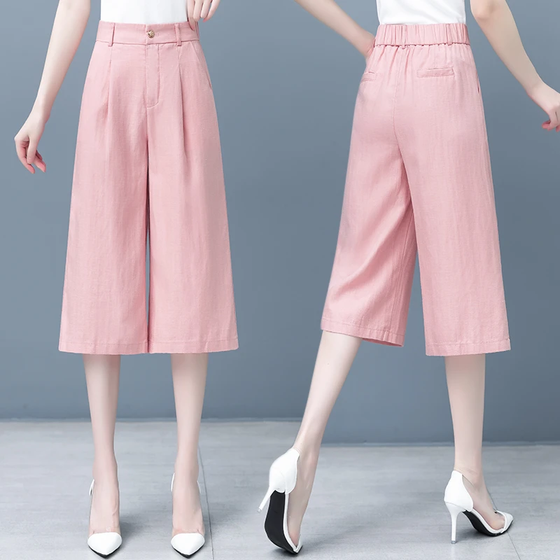 夏季休闲七分裤高腰宽松阔腿裤天丝亚麻裤子夏天薄款女裤2025新款