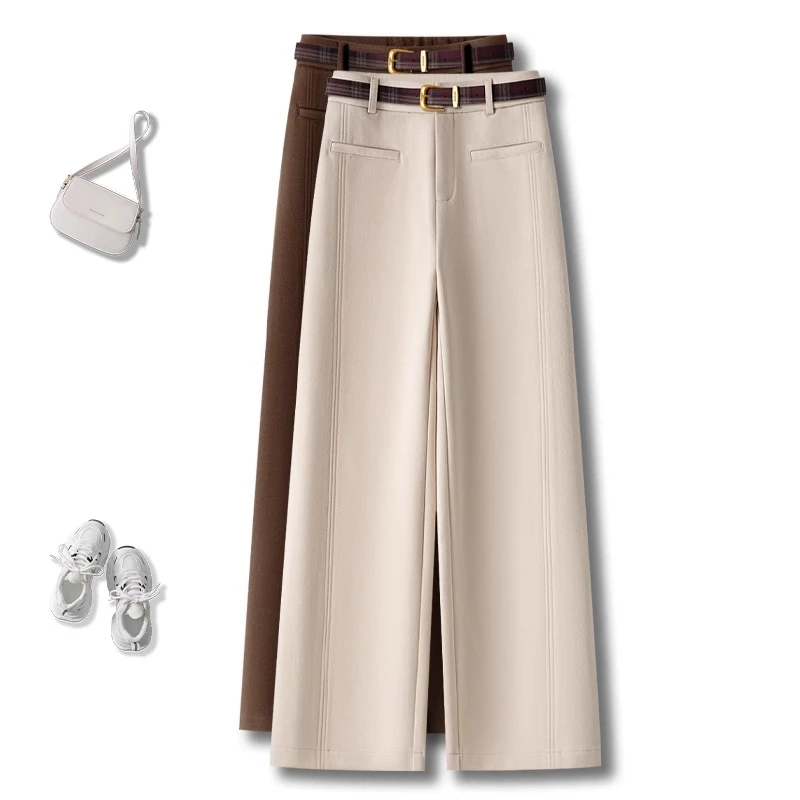 高档毛呢慵懒风窄版阔腿西装裤女2025秋冬爆火安可拉红休闲直筒裤