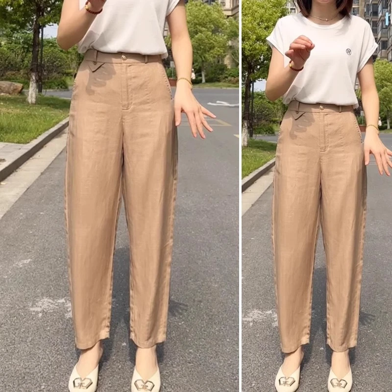 腰休闲裤宽松天丝亚麻裤子女夏季薄款2024新款小个子高九分哈伦裤
