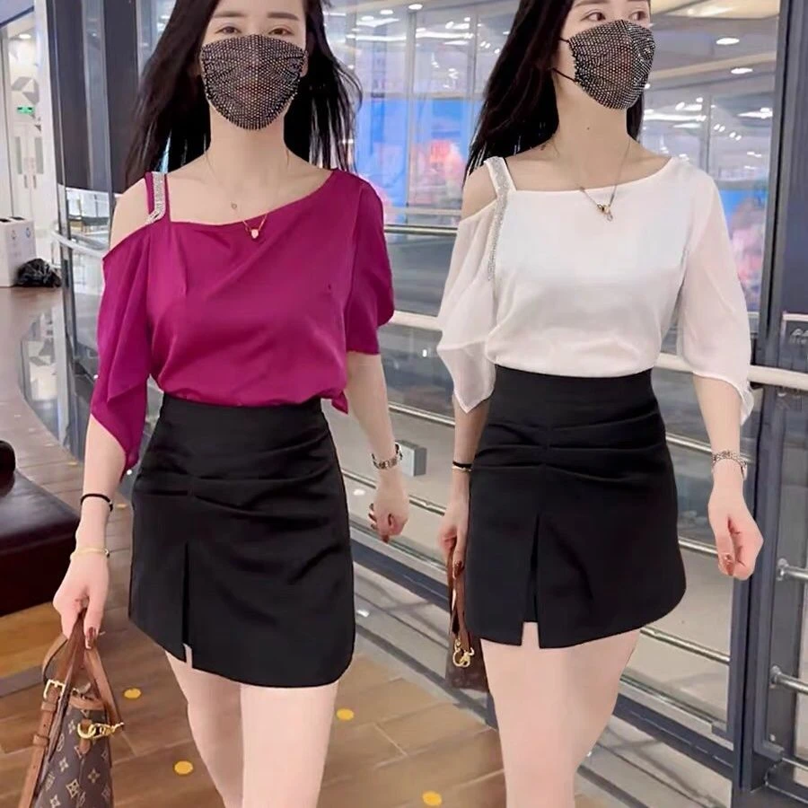 时尚显瘦一字肩百搭高级感女款设计感洋气气质露肩T恤薄款上衣