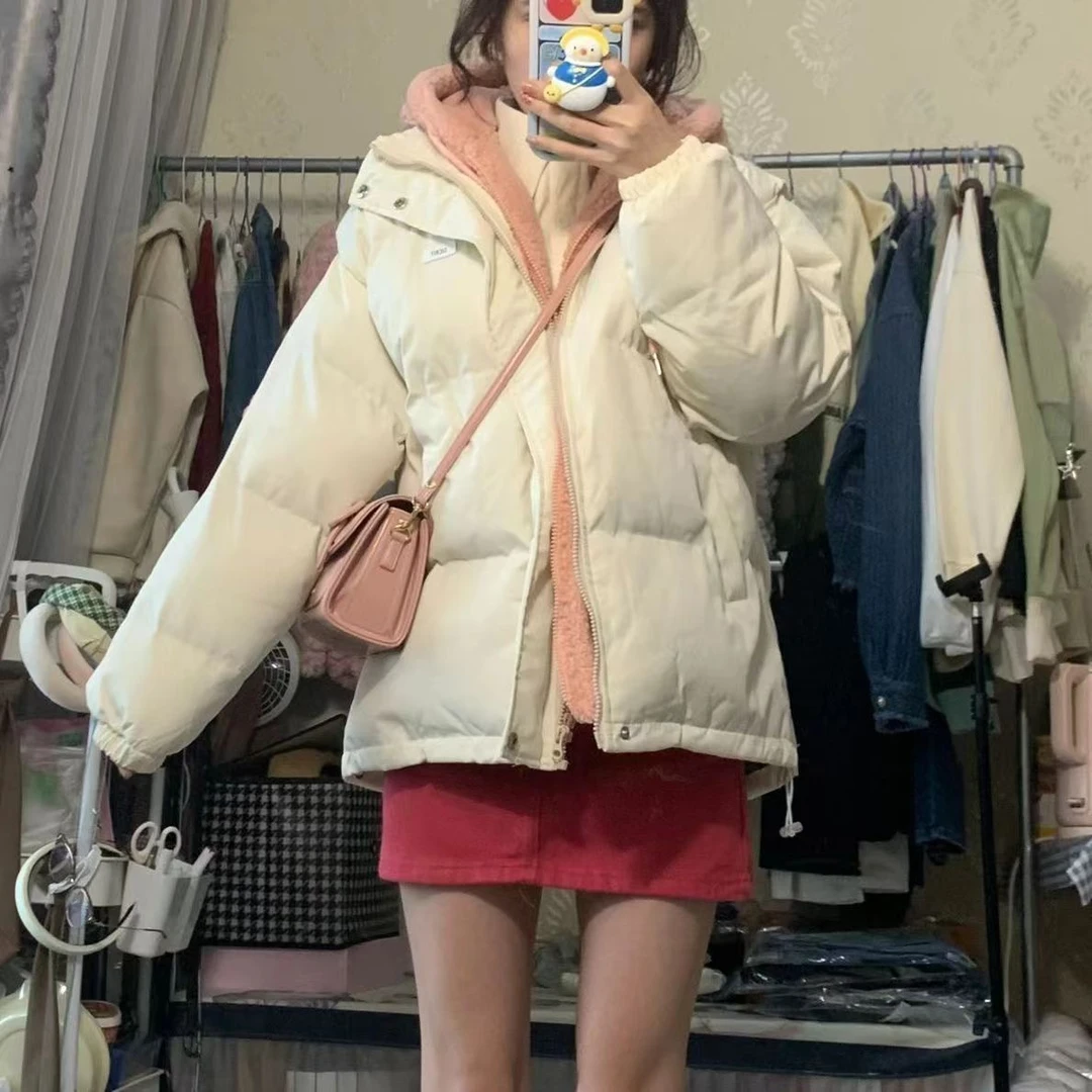 冬季粉团儿假两件羽绒服女oversize韩系宽松休闲连帽棉衣ins潮港
