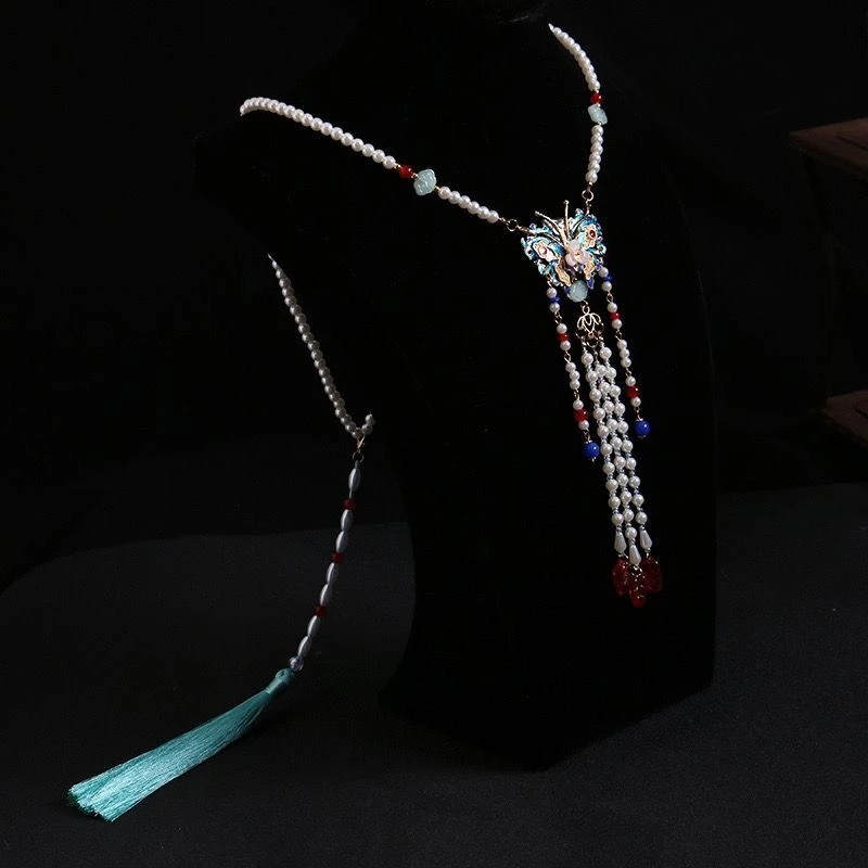 非金属亚克力项链 加长款仿珍珠璎珞复古项链宋烧蓝琉璃吊坠饰品