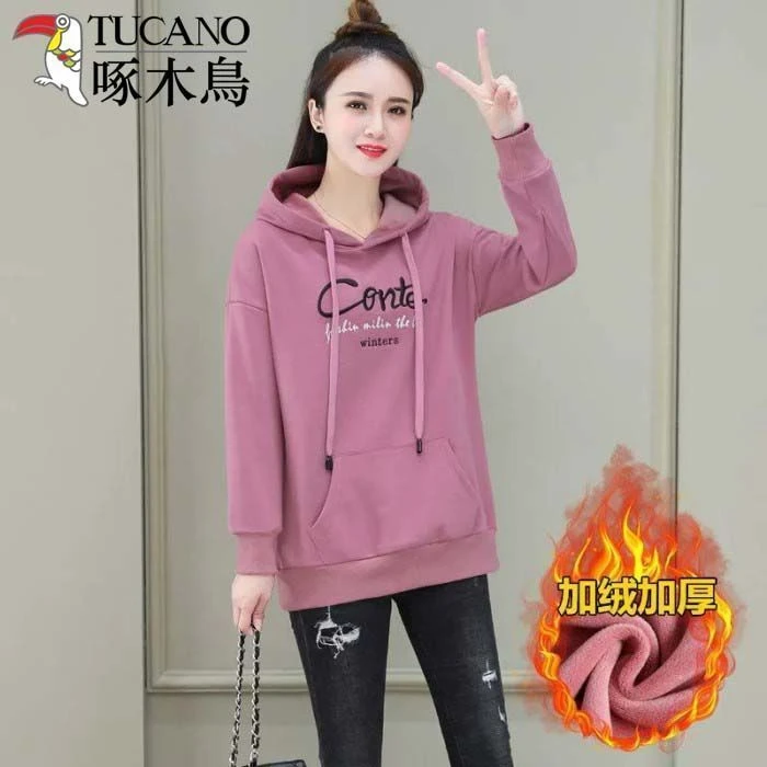 啄木鸟中长款连帽卫衣女秋冬新款韩版宽松显瘦加绒加厚保暖上衣