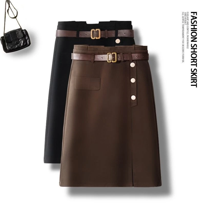 啄木鸟秋冬毛呢中长款半身裙女新款高腰宽松显瘦a字包臀半身裙潮