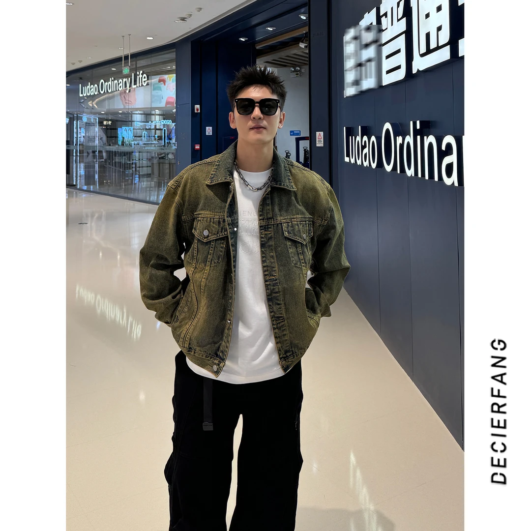 休闲做旧潮流牛仔外套高街百搭简约翻领美式复古男士夹克秋季潮牌