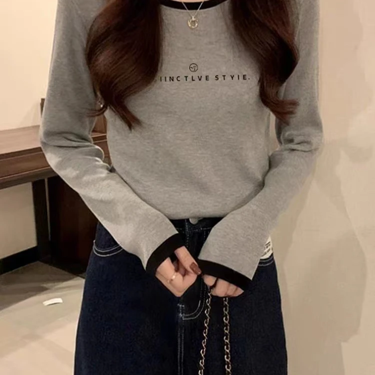 显瘦秋冬拼接内搭网红T恤百搭长袖ins修身莫代尔修身显瘦t恤