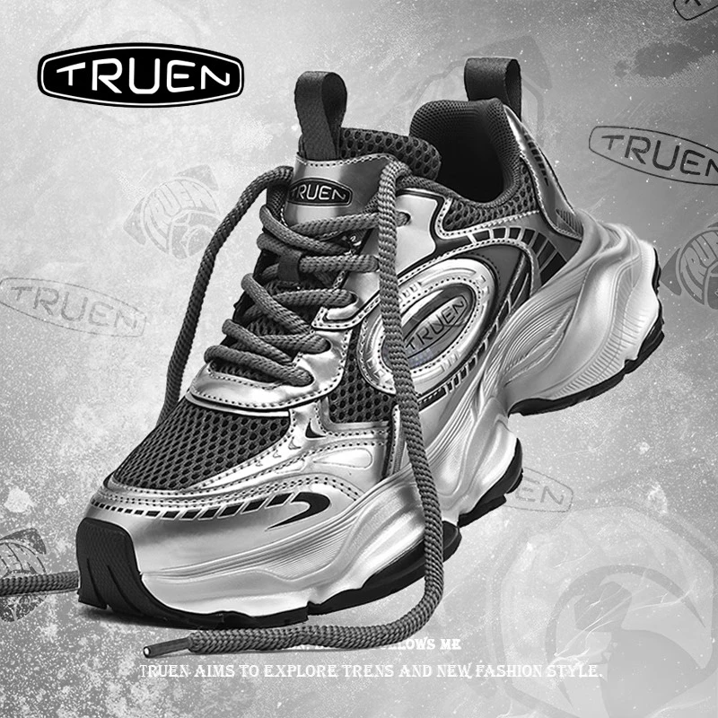 真恩运动鞋男2024新款复古银色秋季休闲百搭ins潮流增高老爹鞋男
