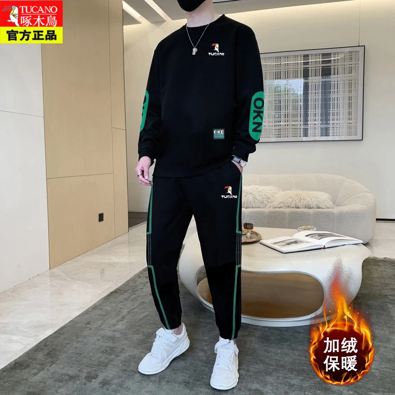 啄木鸟男士休闲运动套装冬季新款加绒圆领卫衣套装时尚套装潮流