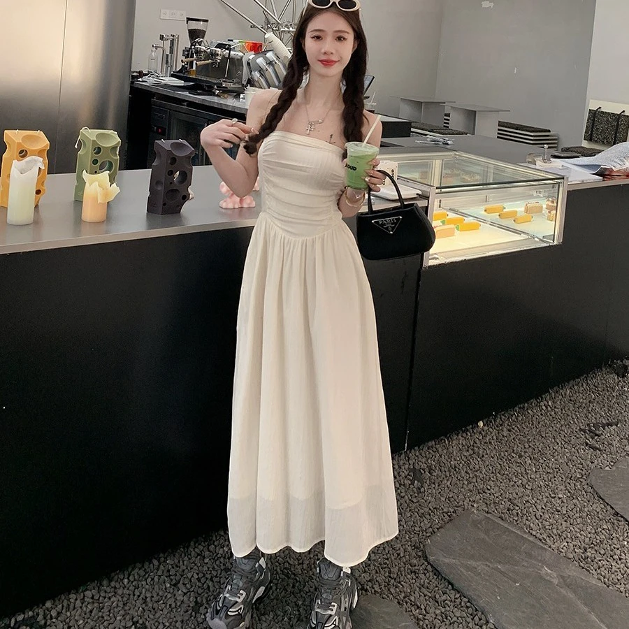 白色法式小众落日晚风裹胸连衣裙女夏季性感抹胸长裙纯欲打底裙子