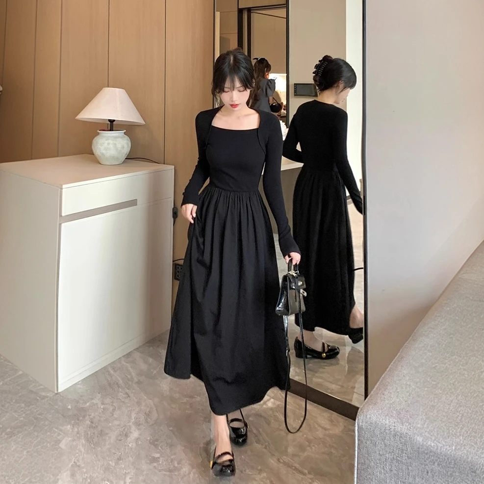 长袖气质方领连衣裙黑色收腰针织拼接设计感小黑裙裙子法式打底裙