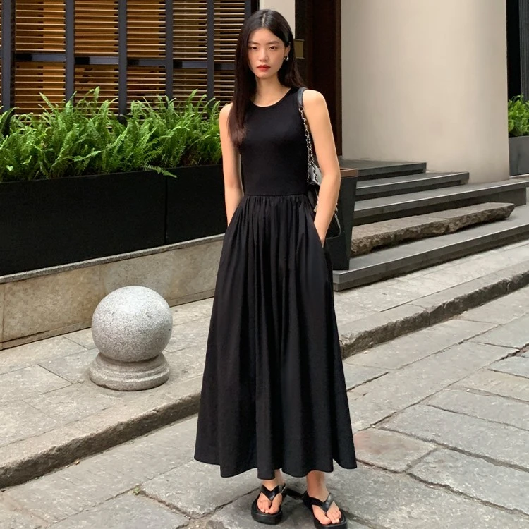 韩丹姿黑色背心连衣裙女2024春夏款高级感气质中长款显瘦长裙子