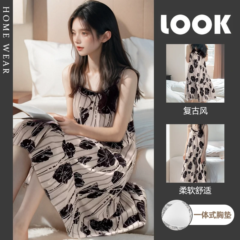 尤莱特带胸垫复古禅意背心睡裙女夏季性感吊带睡裙外穿连衣裙睡衣