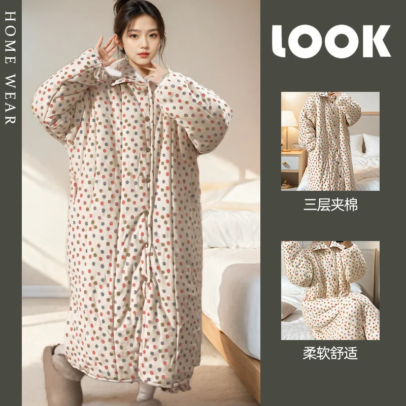 网红风甜美波点睡裙女冬款长袖睡袍三层加厚夹棉保暖空气棉家居服