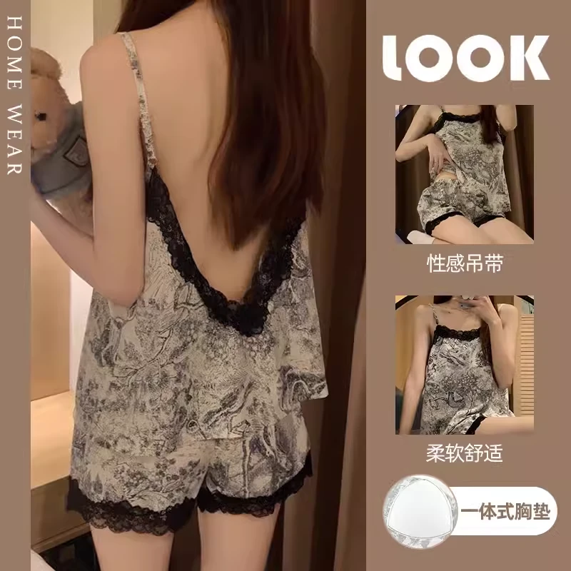 【水墨画】露背美背睡衣女夏季纯欲薄款蕾丝网红吊带短裤家居服套装