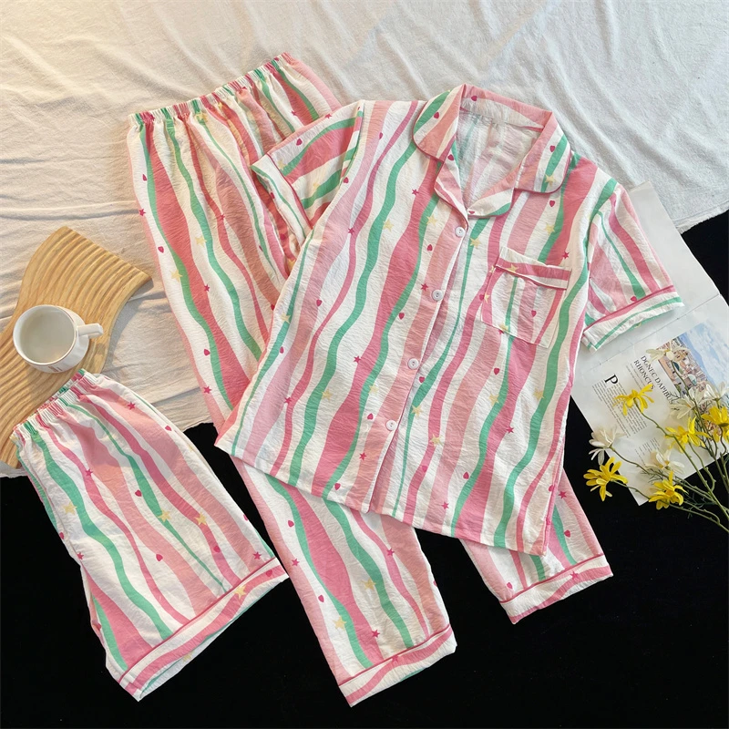 多巴胺粉色条纹少女三件套睡衣女夏天薄款短袖套装甜美可爱家居服