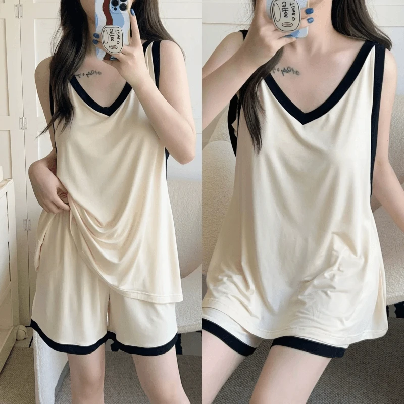 莫代尔拼色背心带胸垫睡衣女夏季薄款可外穿洋气高级感家居服套装