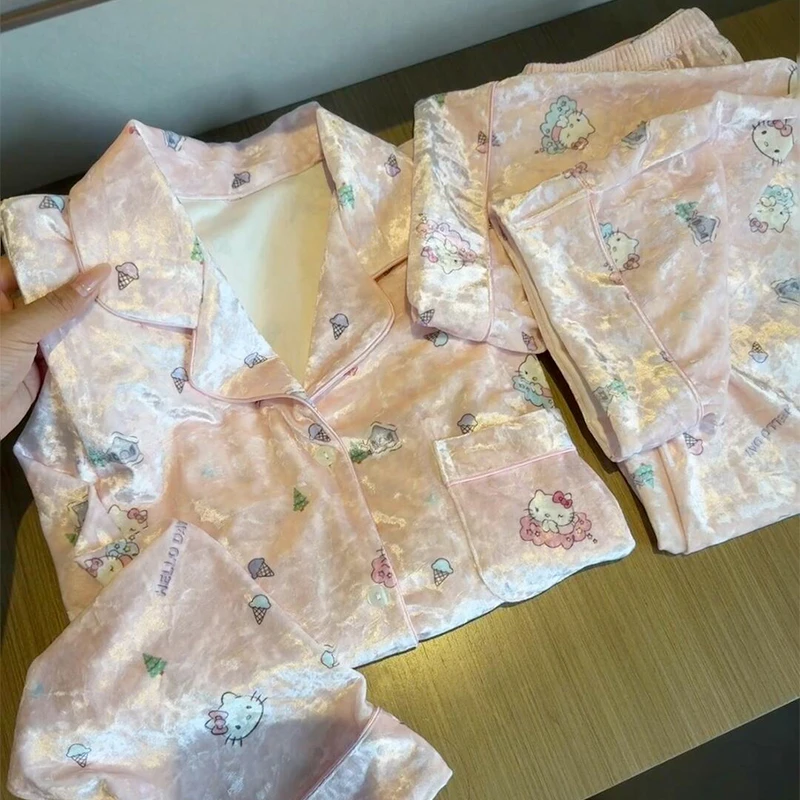 甜美HelloKitty金丝绒秋冬季睡衣女长袖韩版少女可爱家居服可外穿