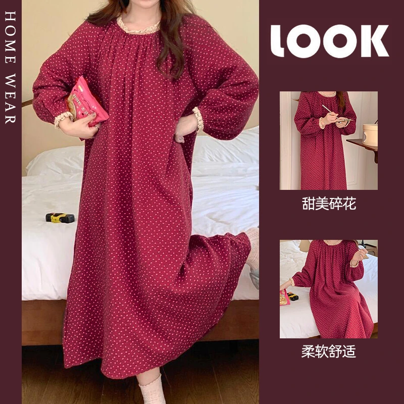 红色公主风长袖睡裙女春秋季甜美碎花本命年连衣裙喜庆家居服睡衣