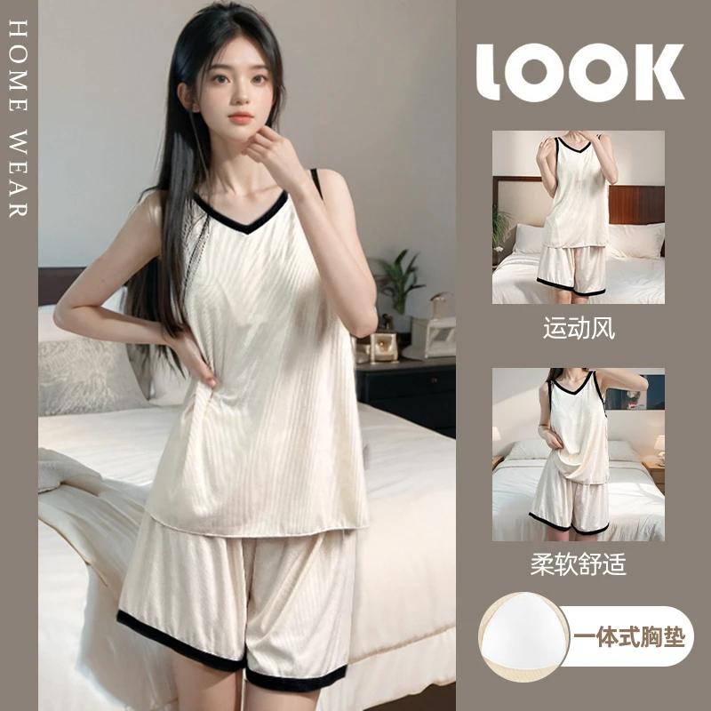 运动风背心睡衣女夏季吊带短裤莫代尔冰丝家居服带胸垫大码两件套