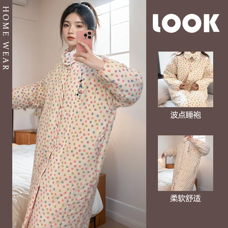 彩色波点加厚空气夹棉睡袍女秋冬款简约外穿加绒保暖开衫长袖睡衣