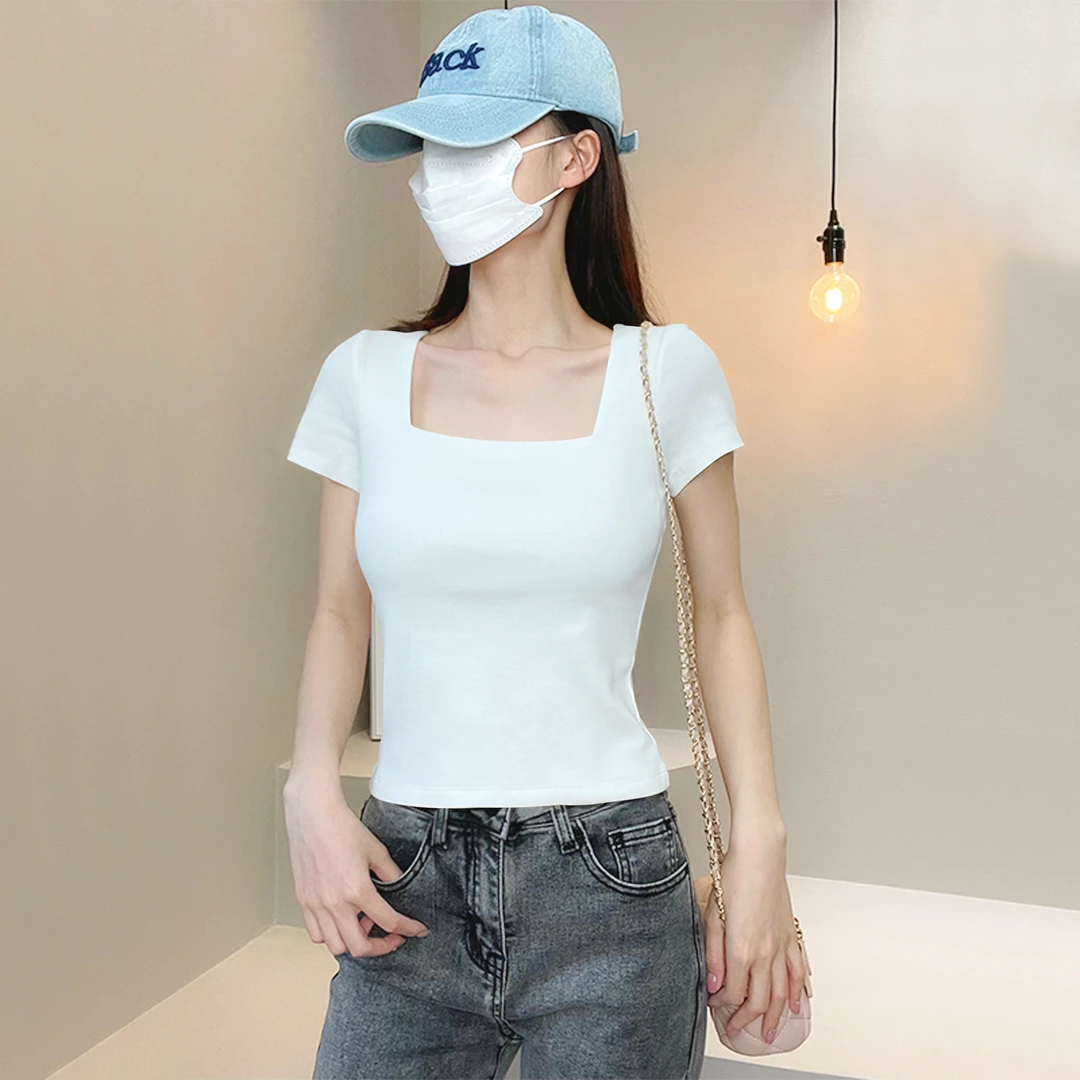 白色方领短袖t恤女春夏季低领露锁骨修身高腰内搭小众u领打底上衣