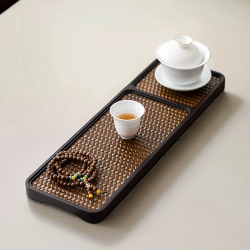 中式竹制仿藤编干泡盘干泡台茶具托盘木质长方形圆盘侘寂风茶器