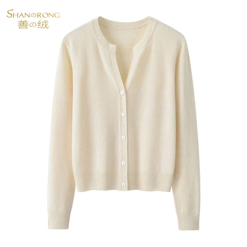 羊绒开衫女圆V领100%纯山羊绒长袖基础百搭针织毛衣薄款约180克