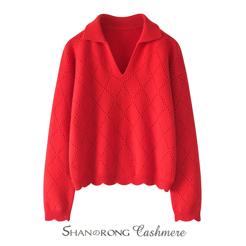 新年红色毛衣~100%纯山羊绒衫女半开翻领秋冬新品保暖针织打底衫