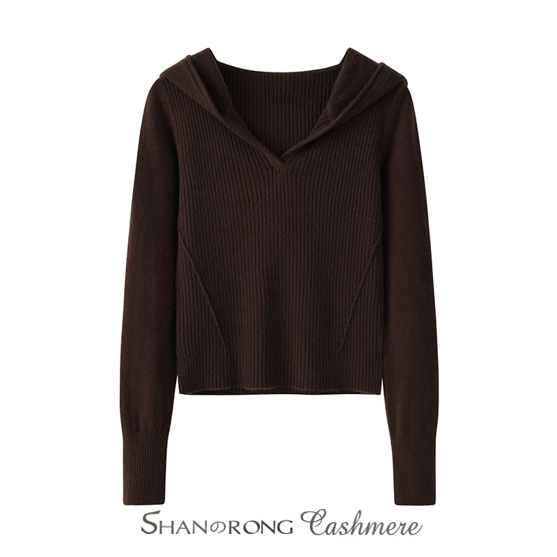 老钱风羊绒衫女100%纯山羊绒连帽短款高腰显瘦小个子针织套头上衣