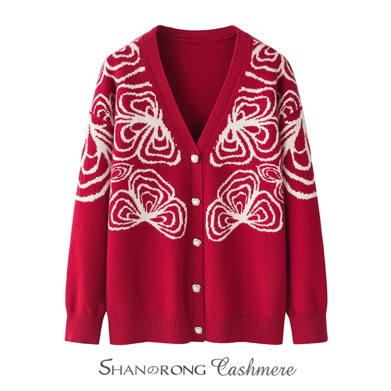 新年红色毛衣~100%纯山羊绒V领开衫女中长款秋冬加厚印花针织外套